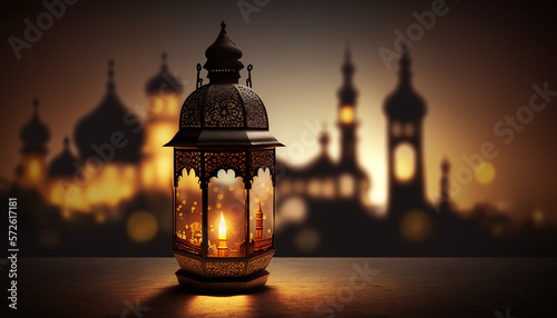 Ramadan with lantern and mosque in background, Generative ai © Deep Ai Generation