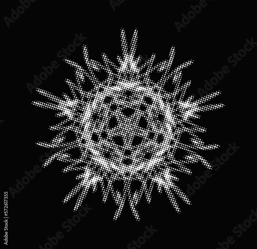 Perforated virus particle silhouette. Geometric dotted halftone shape. Vector stencil.	