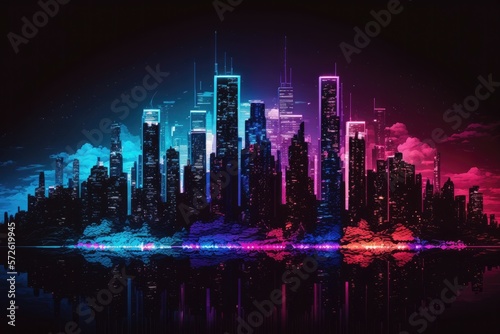 City skyline at night with a vibrant array of colorful lights shining from towering skyscrapers. Generative AI