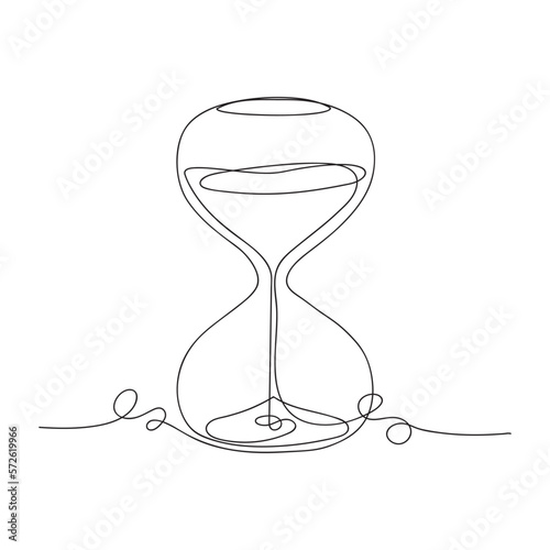 Art line one continuous line drawing of hourglass with flow sand isolated vector illustration.