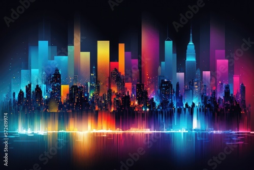 City skyline at night with a vibrant array of colorful lights shining from towering skyscrapers. Generative AI