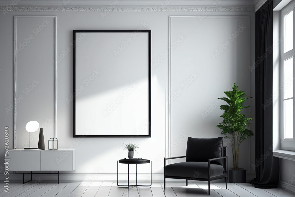 Modern living room interior with empty canvas or wall decor with frame in center for product presentation background or wall decor promotion, mock up Modern living room interior with empty canvas or wall decor with frame in center for product presentation background or wall decor promotion, mock up