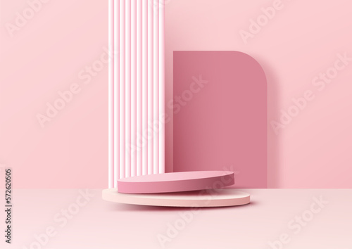 3D realistic empty pink podium pedestal stand with geometric backdrop minimal wall scene background