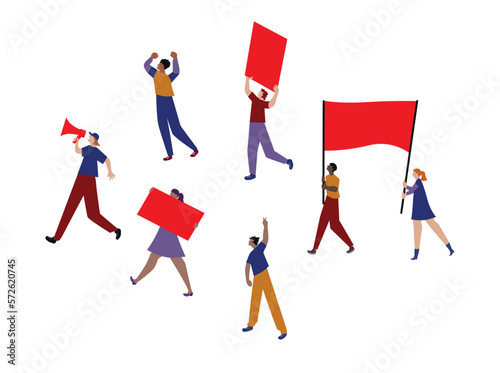 Vector illustration of protest people with banners and megaphones on demonstration. Demonstration, protest, strike concept.