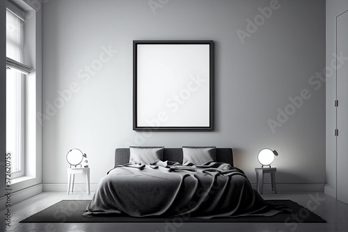 Modern bedroom  with empty canvas or wall decor with frame in center for product presentation background or wall decor promotion  mock up