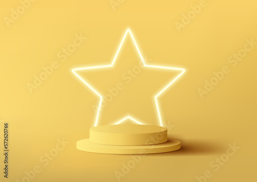 3D realistic yellow podium pedestal stand with star neon glow light backdrop minimal wall scene background