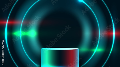 3D realistic podium stand with blue neon light circles frame