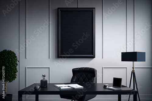 Modern office interior, with empty canvas or wall decor with frame in center for product presentation background or wall decor promotion, mock up