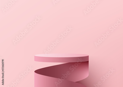 3D realistic empty pink podium stand swirl spiral ribbon minimal wall scene background