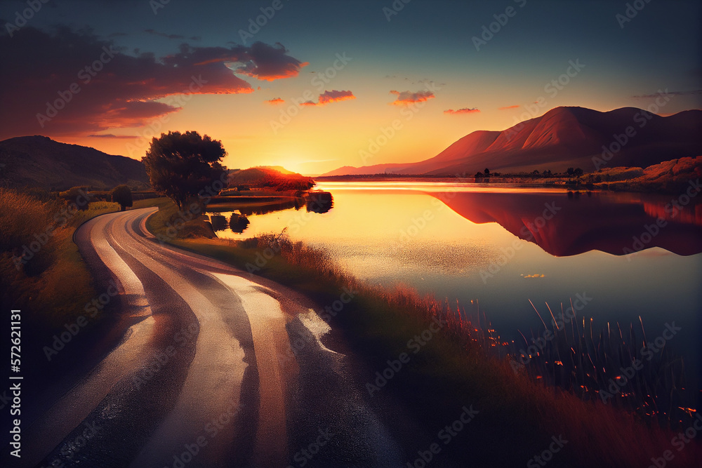 Lake and road at sunset. Created with Generative AI technology