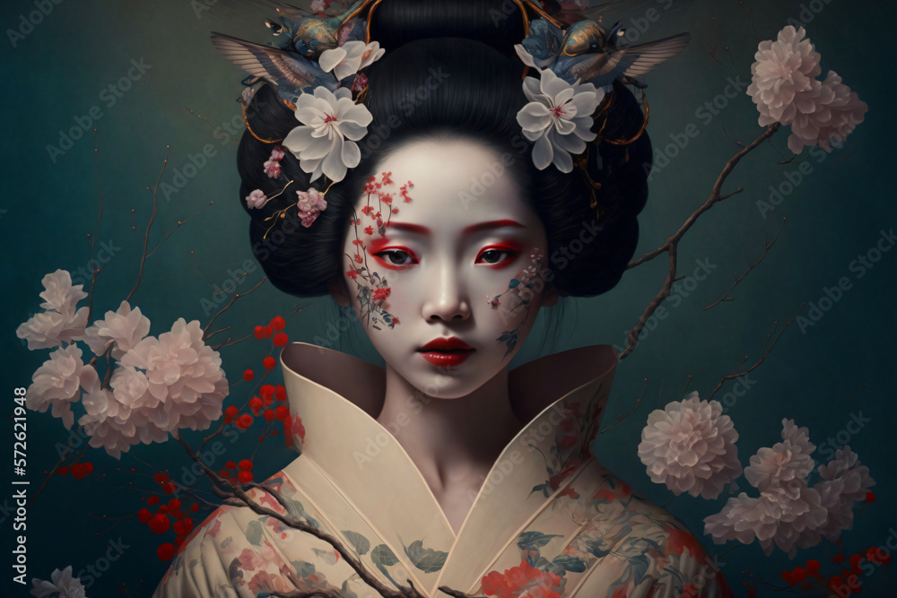 geisha with sakura flowers, portrait of a japanese woman, fictional person created with generative ai - obrazy, fototapety, plakaty 