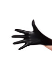 Woman puts on black rubber gloves, only hands on white background Vertical