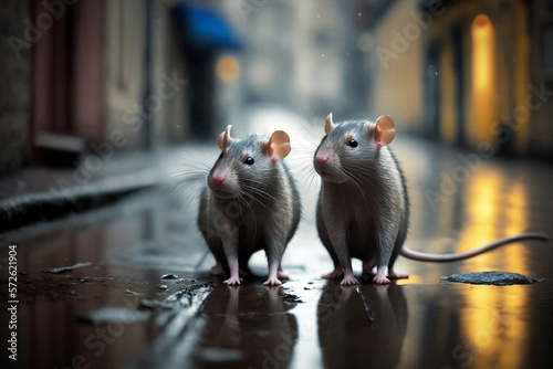 deux rats dans une rue d'une grande ville comme Paris - illustration ia photo
