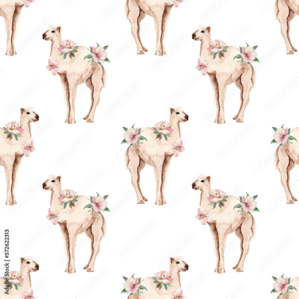 Seamless pattern with camel and flowers for kids textile bed sheets wallpaper notebook clothes things isolated on white background