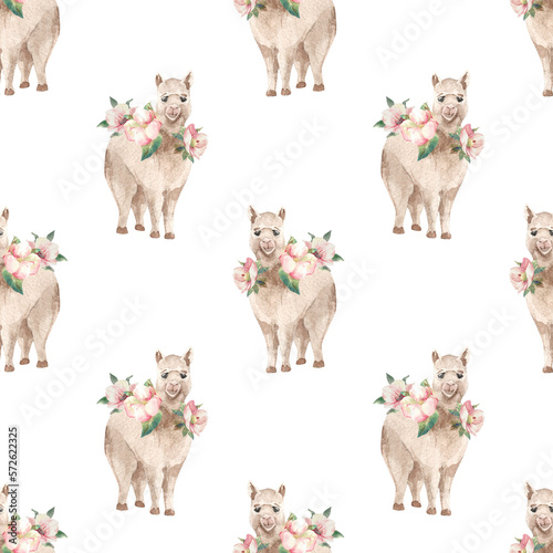 Fototapeta Naklejka Na Ścianę i Meble -  Seamless pattern with lama and flowers for kids textile bed sheets wallpaper notebook clothes things isolated on white background