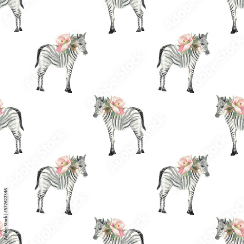 Seamless pattern with zebra and flowers for kids textile bed sheets wallpaper notebook clothes things isolated on white background