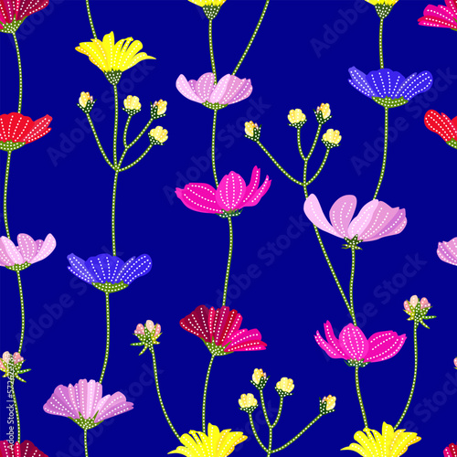 Floral Print with blue background. pink red yellow flowers in the garden. vivid colorful florals seamless pattern. good for fabric, fashion design, summer spring dress, wallpaper, textile. © hartami