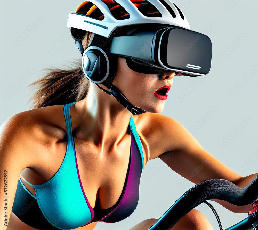 Naklejka premium athletic young woman wearing a XR headset with training. Generative Ai 