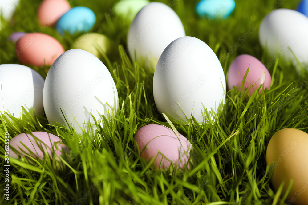 colorful easter eggs with decorations in grass