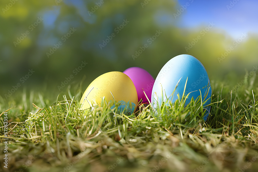 decorated easter eggs on grass