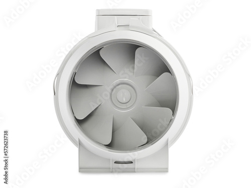 Industrial plastic fan for installation in an air ventilation system, insulated on a white background. photo