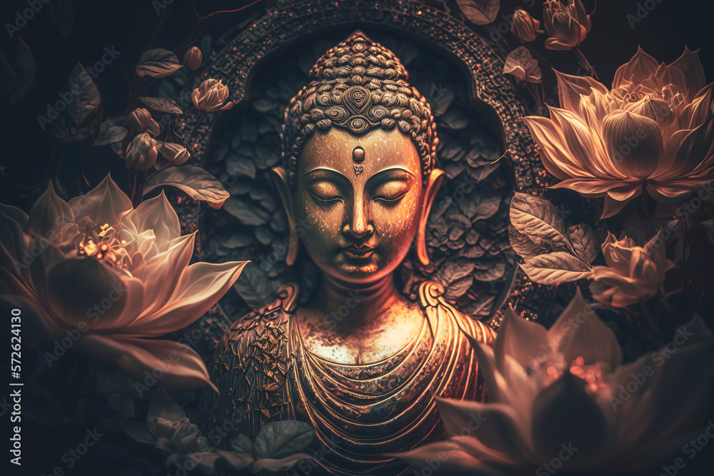 buddha statue and lotus flower. Generative AI - obrazy, fototapety, plakaty 