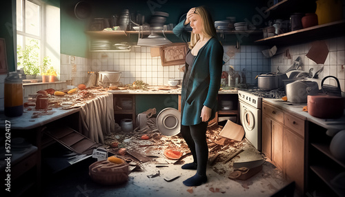 Unaufgeräumte Küche mit Frau, Generative AI photo