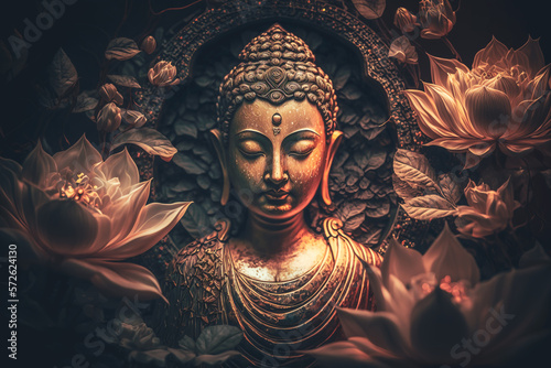 Fototapeta buddha statue and lotus flower. Generative AI