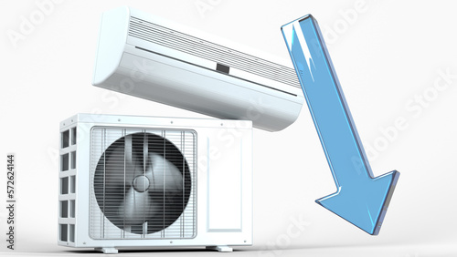 Air conditioning system with blue arrow pointing down. AC lowering temperature illustration. Air Cooling down. 3D render isolated on white.