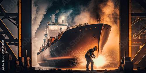 Welder at work on shipbuilding, shipyard, heavy industry, ai generative photo