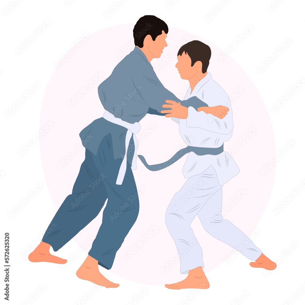 Athlete judoist, judoka, fighter in a duel, fight, match. Judo sport, martial art. Flat style. Athlete judoist, judoka, fighter in a duel, fight, match. Judo sport, martial art. Flat style.