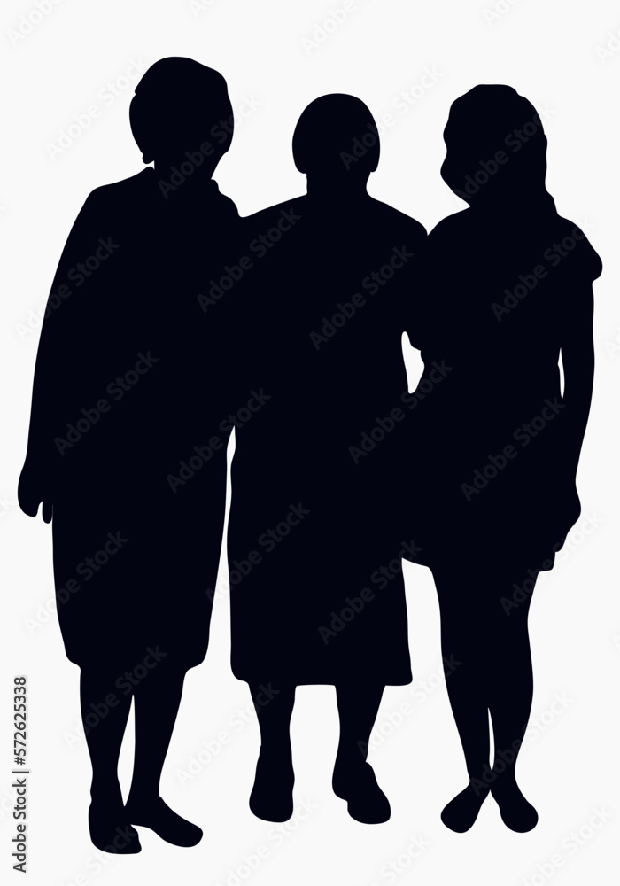 Silhouettes of granddaughters and grandmother hugging, the concept of a warm meeting, family, love, unity, isolated vector