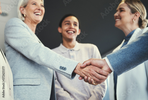 Handshake, acquisition and senior business people at investment deal, b2b contract agreement or negotiation meeting. HR hiring welcome, thank you and intern job interview with human resources manager