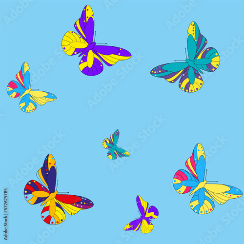 Multicolored butterflies on the background of the blue sky. Seamless vector pattern for textiles