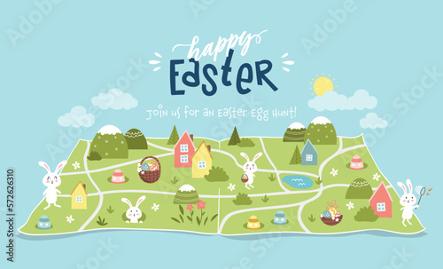 Cute Easter Egg hunt design, map for children, hand drawn with cute bunnies, eggs and decorations - great for invitations, banners, wallpapers - vector