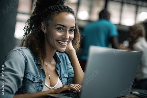 smile woman working with laptop at office