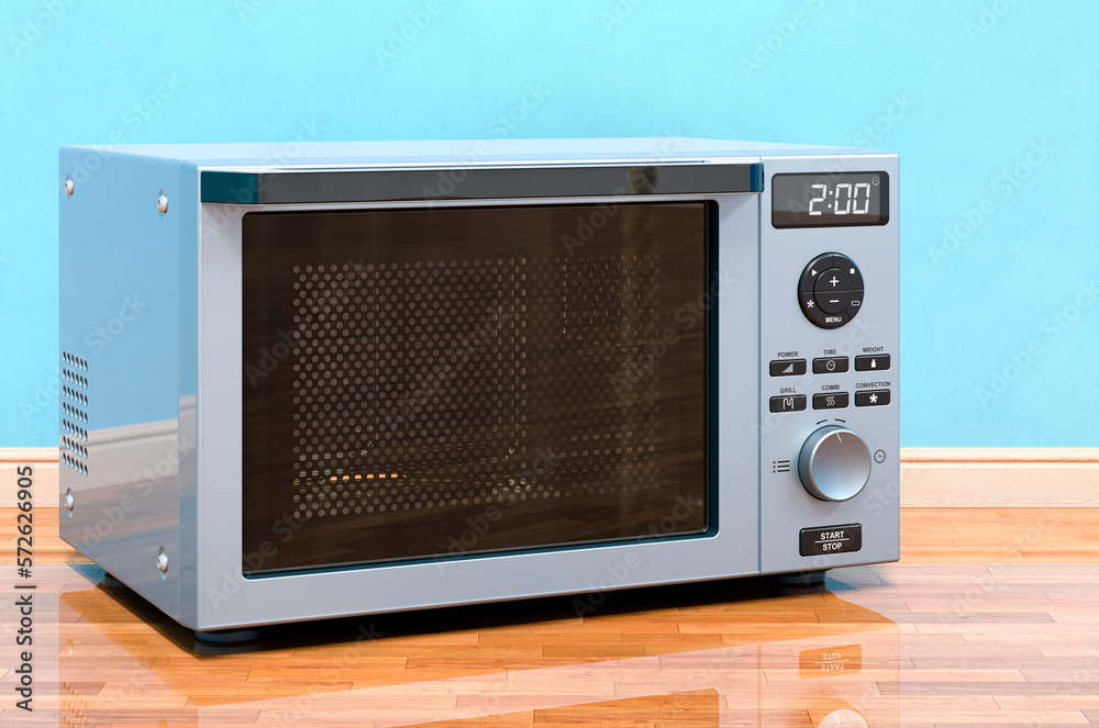 Combination oven, microwave in room near wall, 3D rendering Combination oven, microwave in room near wall, 3D rendering