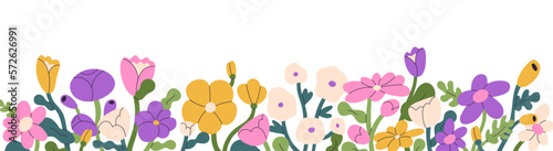 Floral border. Blossomed summer flowers, edge decoration, banner. Spring field and meadow blooming plants, beautiful wildflowers. Delicate floristic horizontal decor. Flat vector illustration