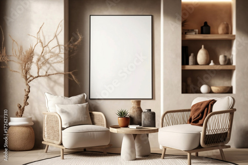  Mockup poster frame on the wall of living room,  modern Mediterranean interior design, Luxurious apartment background with contemporary design, generative ai photo
