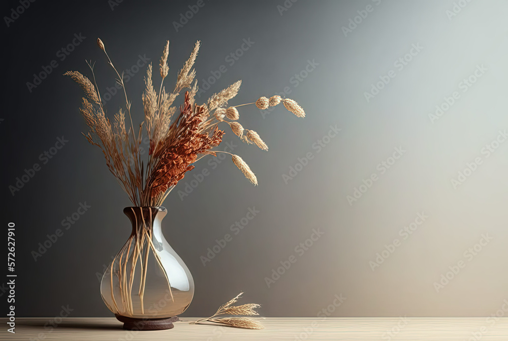 Vase with dried grass on table and copy space. Generative AI.
