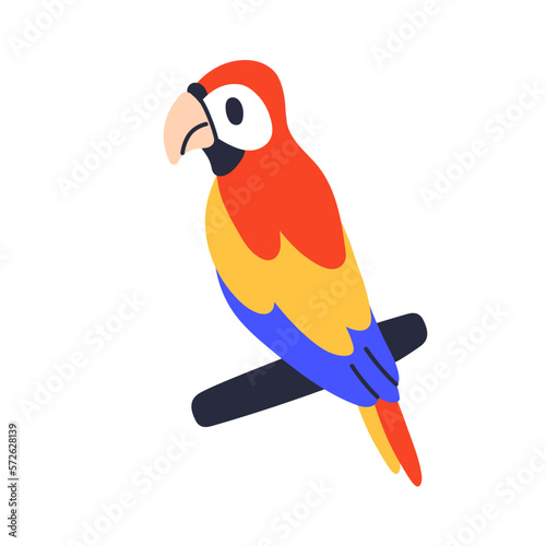 Parrot on branch. Jungle tropical ara, paradise bird. Exotic colorful macaw s...