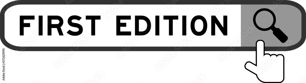 Search banner in word first edition with hand over magnifier icon on white background Search banner in word first edition with hand over magnifier icon on white background