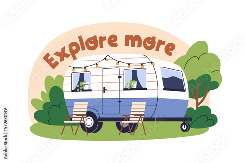 Summer holiday camp. Camper car for adventure. RV vehicle, trailer, mobile home on wheels for travel, rest. Vacation caravan, wagon in nature. Flat vector illustration isolated on white background