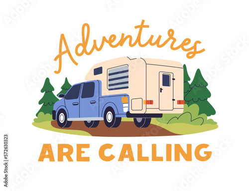 Camper, holiday car, home on wheels. Summer trailer, auto. Travel caravan, tr...