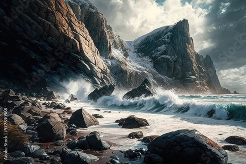 Rocky beach with crashing waves and a dramatic cliff face in the distance. Generative AI
