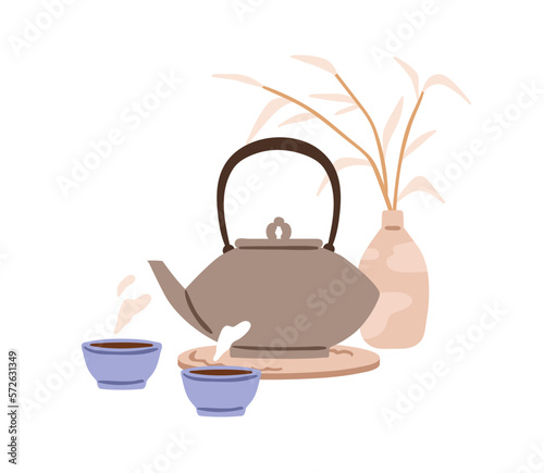 Tea cups, kettle, vase composition. Teakettle, teacups with hot warm drink, t...