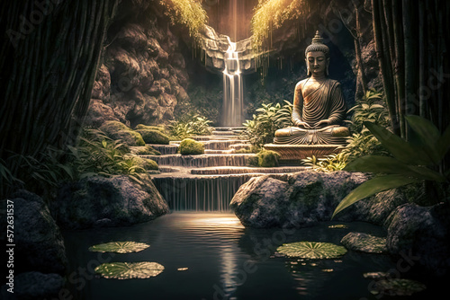 Zen garden with buddha statue and lotus flower. Generative AI photo