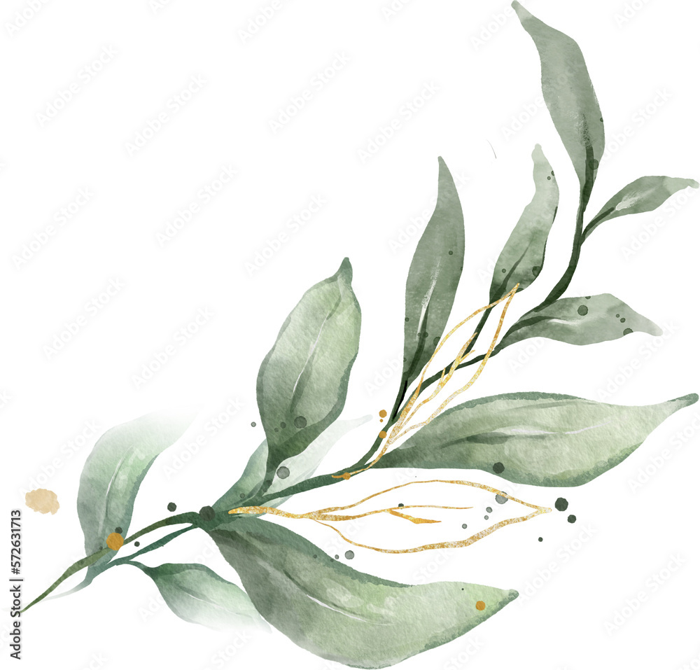 Greenery Luxury Leaves Watercolor with gold line Illustration Stock ...