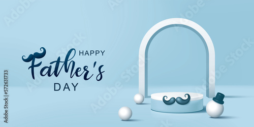 White pedestal or podium with mustache on blue background for product demonstration.  Vector illustration for Father's day.