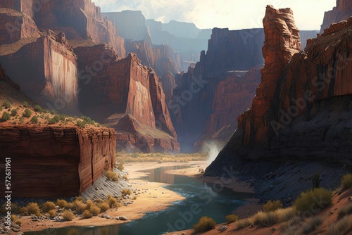Rugged canyon with steep walls of red rock towering above a meandering river far below. Generative AI